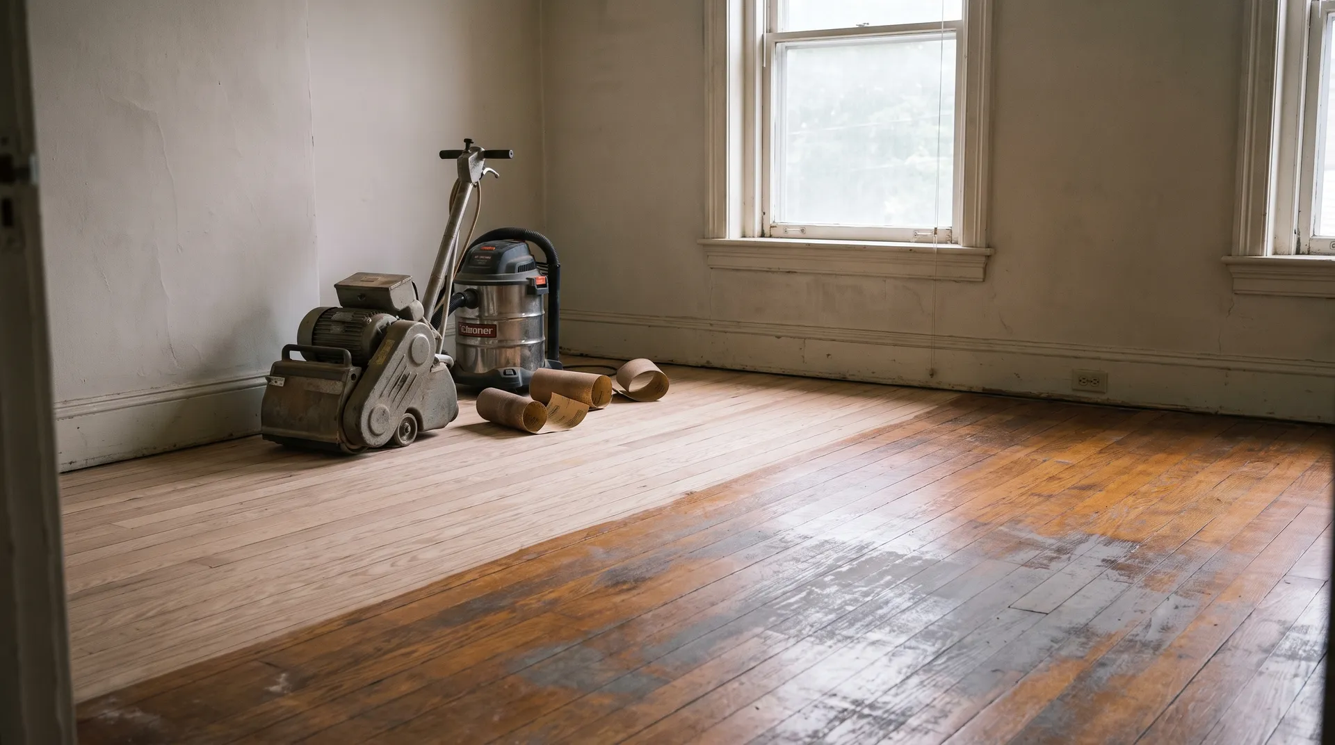 Oak floor half sanded to bare wood beside its worn old finish, with a drum sander and shop vac by the wall